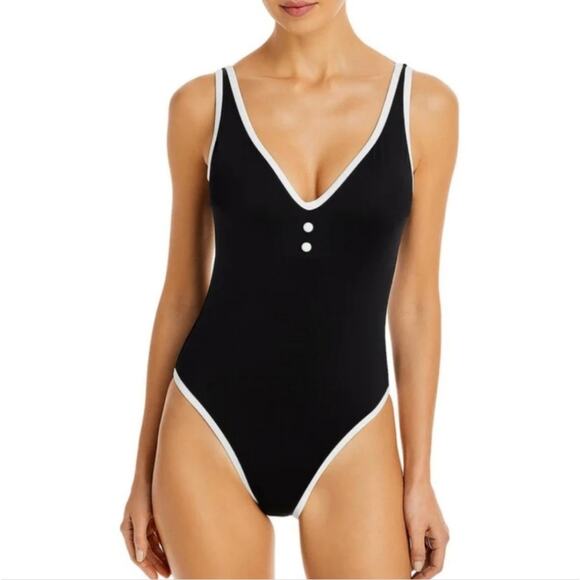 NEW Aqua 1/4 Placket Light Support Black White One-Piece Swimsuit - Picture 1 of 10